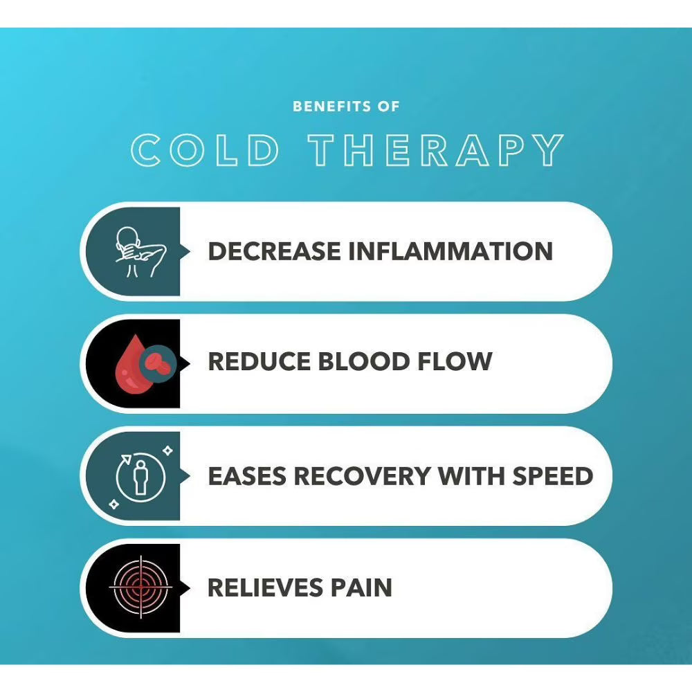 Benefits of cold therapy listed on a blue background - okotoks hc pharmacy