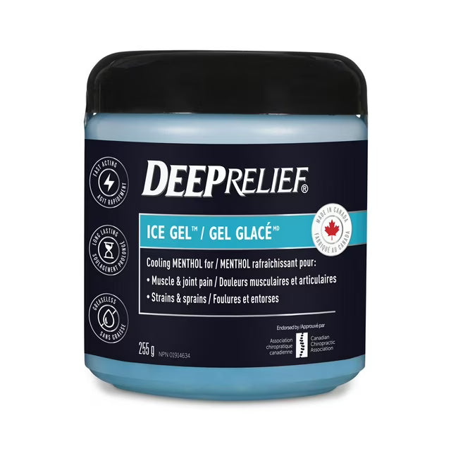 Deep Relief ice gel container with black lid on a white background - okotoks hc pharmacy
