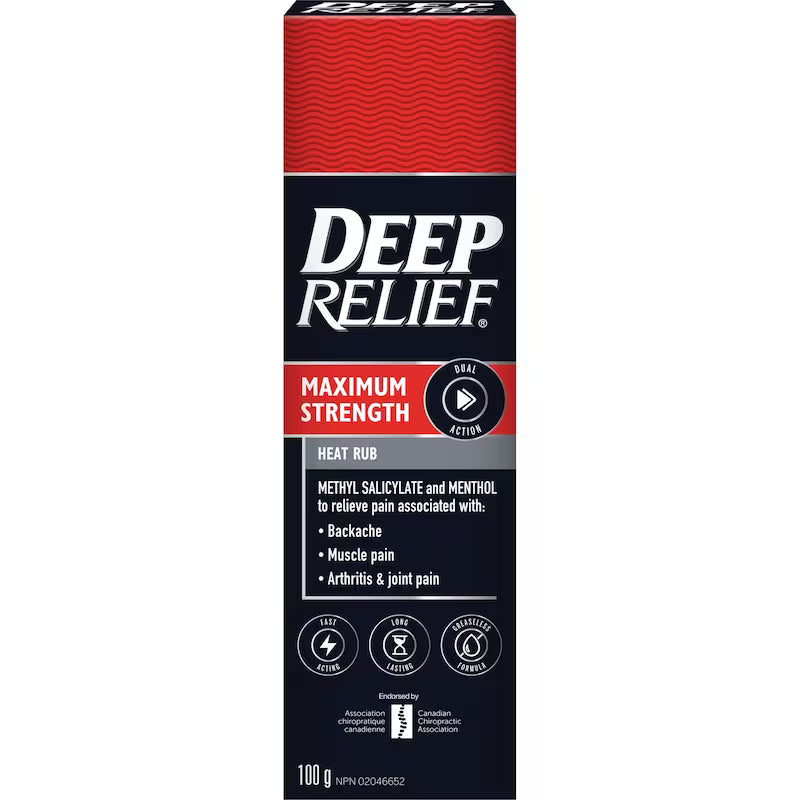 Deep Relief Maximum Strength heat rub packaging on a white background - okotoks hc pharmacy
