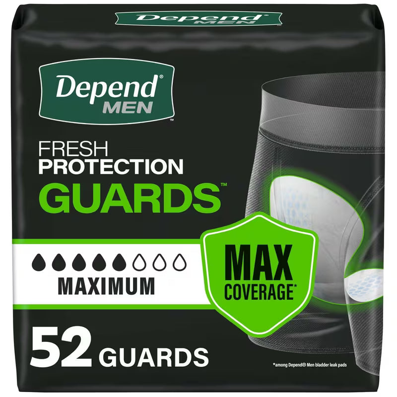 Package of Depend Men Fresh Protection Guards with branding and product details. - okotoks hc pharmacy