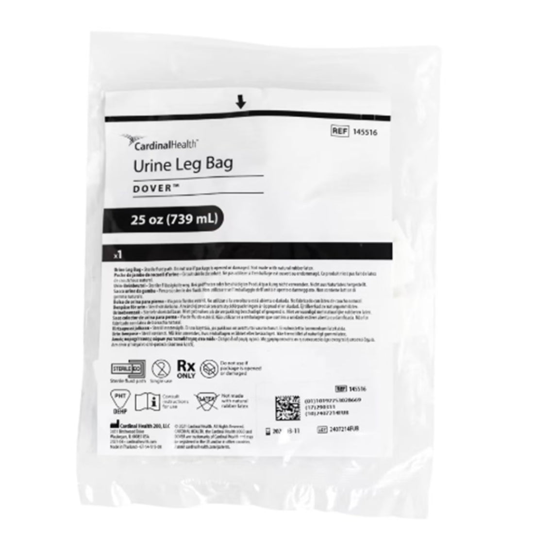 Dover Urine Leg Bag 25 oz with Anti-Reflux Valve & Leg Straps package - okotoks hc pharmacy