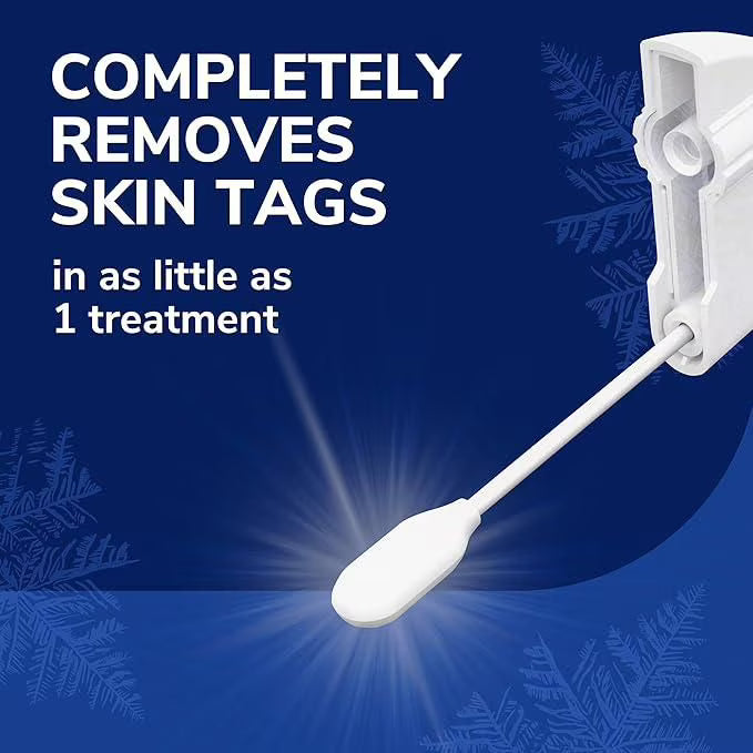 White device with a cotton swab on a blue background with text about skin tag removal. - okotoks hc pharmacy
