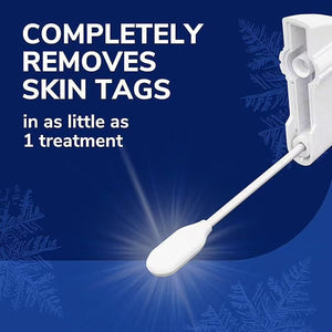 White device with a cotton swab on a blue background with text about skin tag removal. - okotoks hc pharmacy