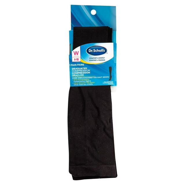 Black compression socks with Dr. Scholl's packaging on a white background - okotoks hc pharmacy