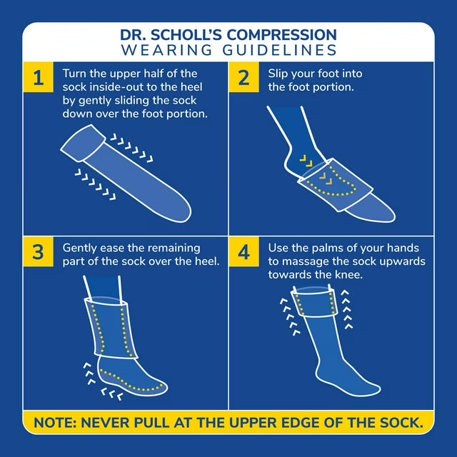 Dr. Scholl's compression sock wearing guidelines on a blue background - okotoks hc pharmacy