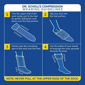 Dr. Scholl's compression sock wearing guidelines on a blue background - okotoks hc pharmacy