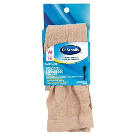 Beige compression socks with Dr. Scholl's packaging on a white background - okotoks hc pharmacy