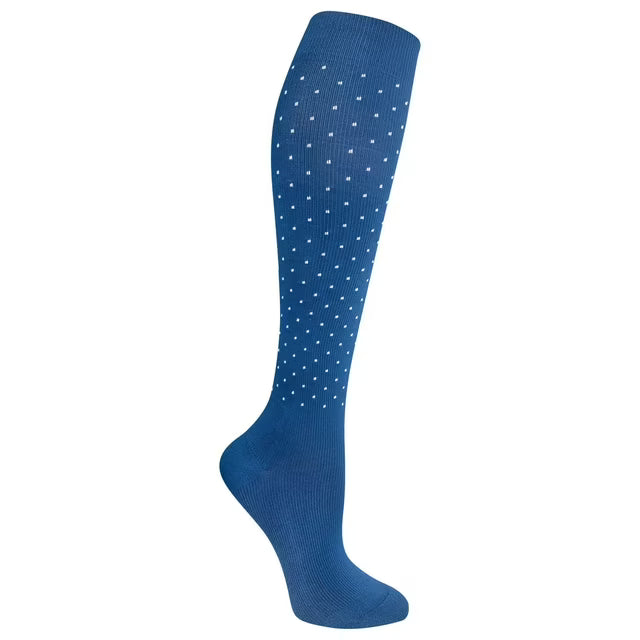 Blue knee-high sock with white polka dots on a white background - okotoks hc pharmacy