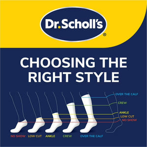 Dr. Scholl's sock size chart with different styles on a blue and yellow background - okotoks hc pharmacy