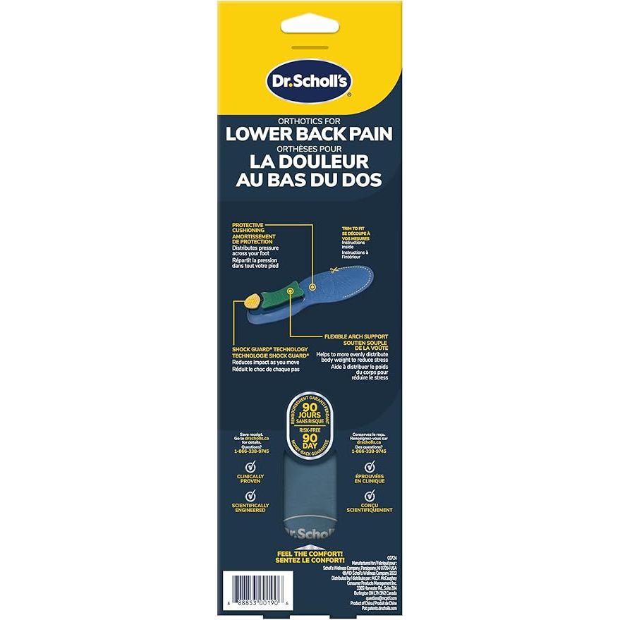 Dr. Scholl's orthotics packaging for lower back pain relief on a white background - okotoks hc pharmacy