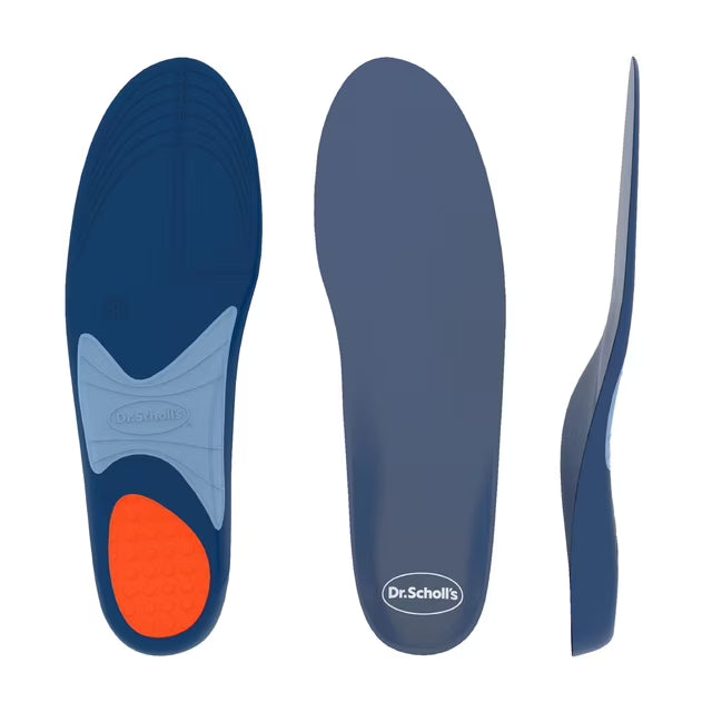 Blue shoe insole with orange heel area and 'Dr. Scholl's' branding on a white background - okotoks hc pharmacy