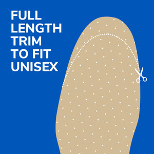 Beige shoe insole with dotted pattern and scissors on a blue background, text 'FULL LENGTH TRIM TO FIT UNISEX'. - okotoks hc pharmacy
