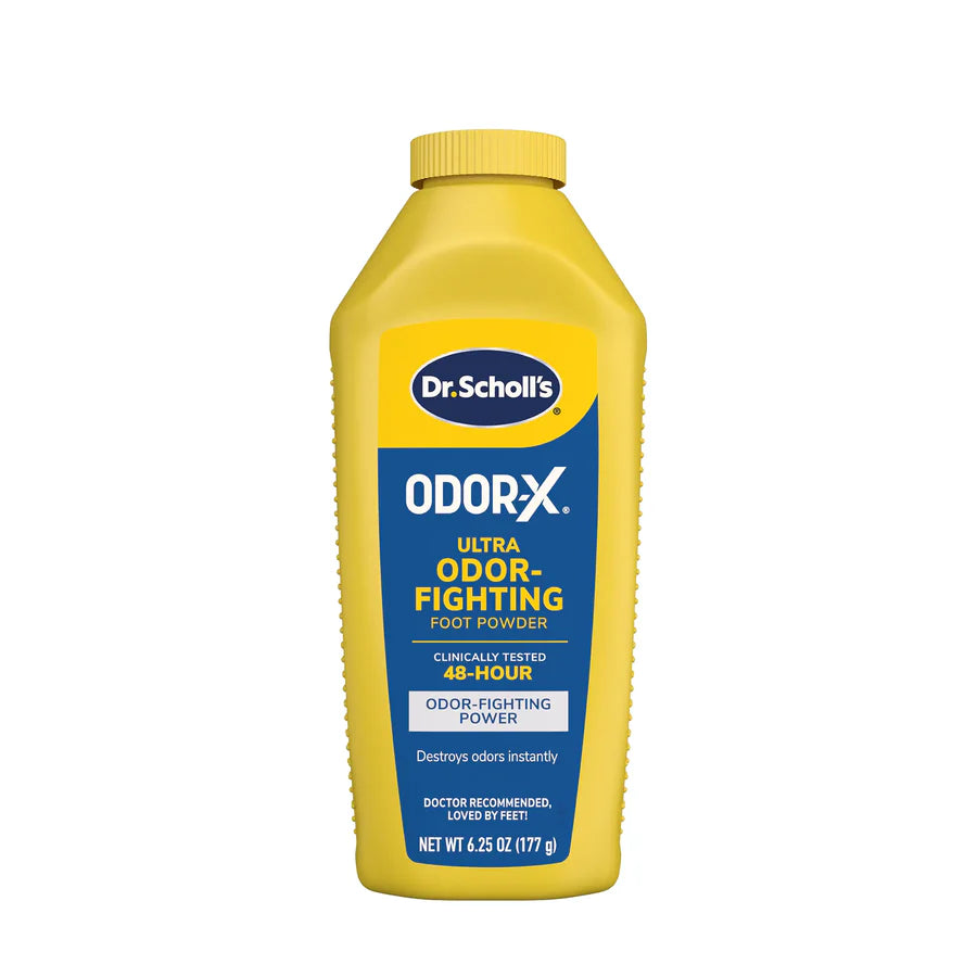 Yellow bottle of Dr. Scholl's Odor-X Ultra Odor-Fighting Foot Powder on a white background - okotoks hc pharmacy