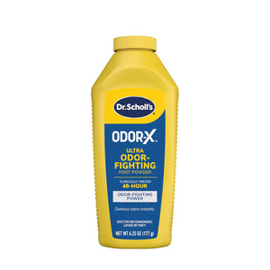 Yellow bottle of Dr. Scholl's Odor-X Ultra Odor-Fighting Foot Powder on a white background - okotoks hc pharmacy