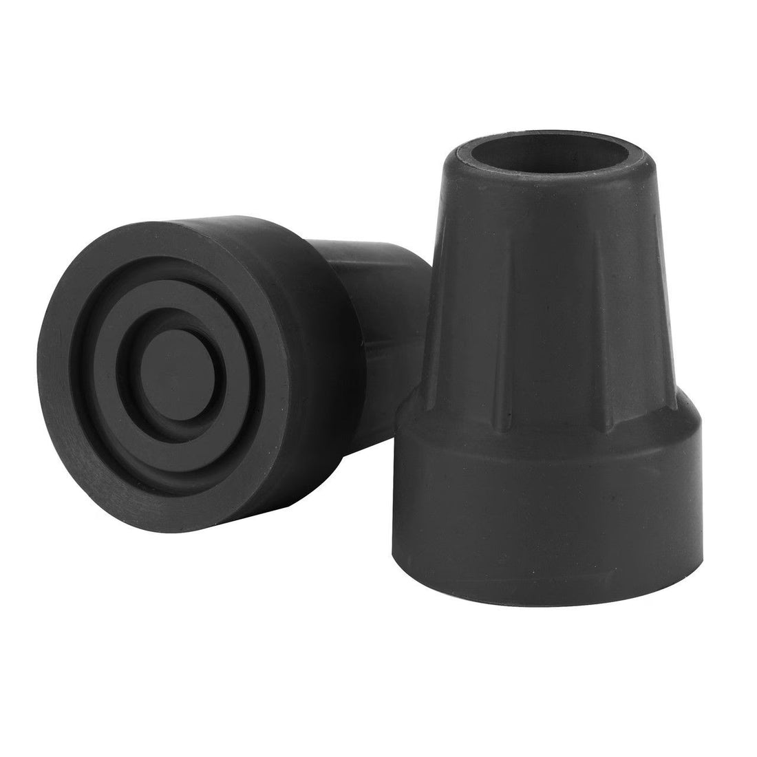 Two black rubber cane tips on a white background - okotoks hc pharmacy