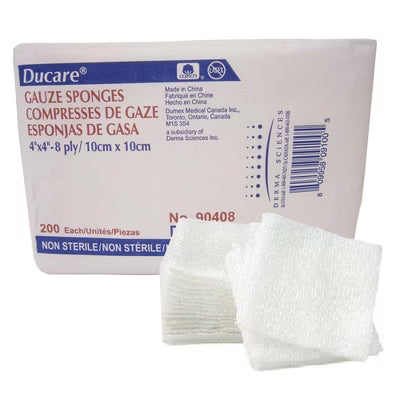 A package of Ducare Gauze Sponges with two white, folded gauze pads in front of the box on a plain white background. - okotoks hc pharmacy