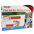 Easy Care First Aid Kit travel pouch packaging, featuring a white box with red, green, and blue text, product details, and outdoor activity photos, with a red and black zippered pouch partially visible on the right. - okotoks hc pharmacy