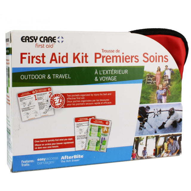 Easy Care First Aid Kit travel pouch packaging, featuring a white box with red, green, and blue text, product details, and outdoor activity photos, with a red and black zippered pouch partially visible on the right. - okotoks hc pharmacy