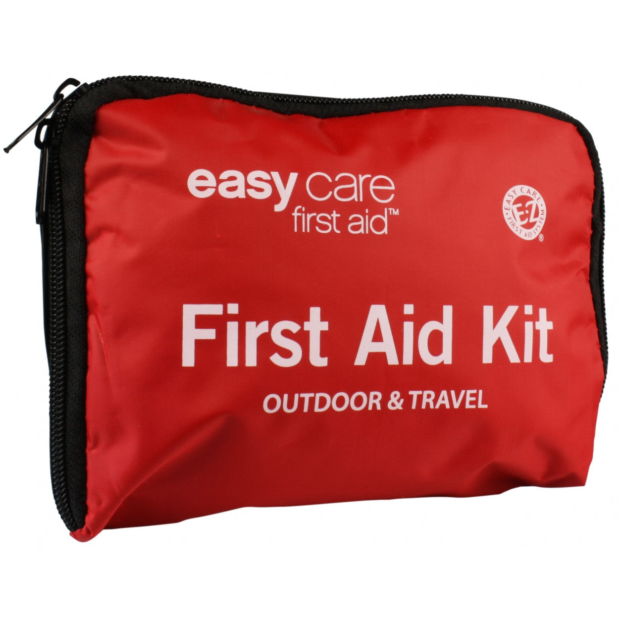 A red zippered first aid kit pouch with black trim and white text reading 'easy care first aid' and 'First Aid Kit OUTDOOR & TRAVEL'. - okotoks hc pharmacy