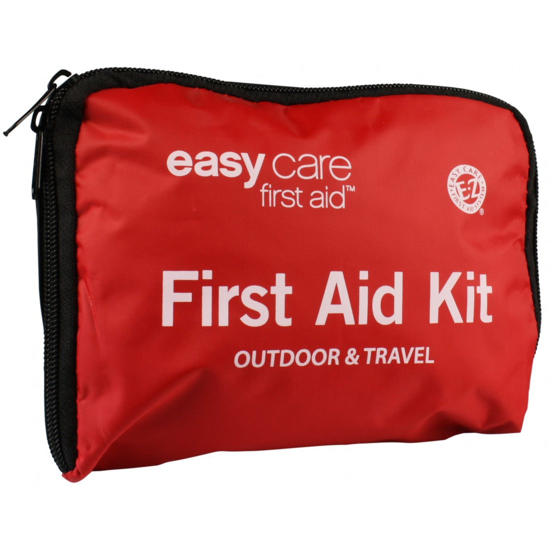 A red zippered first aid kit pouch with black trim and white text reading 'easy care first aid' and 'First Aid Kit OUTDOOR & TRAVEL'. - okotoks hc pharmacy