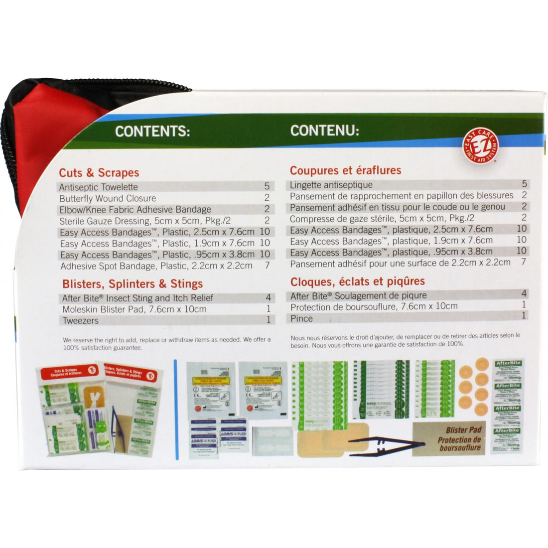 Back of a red and black zippered pouch showing a French and English contents list, product descriptions, and small photos of included bandages and patches. - okotoks hc pharmacy