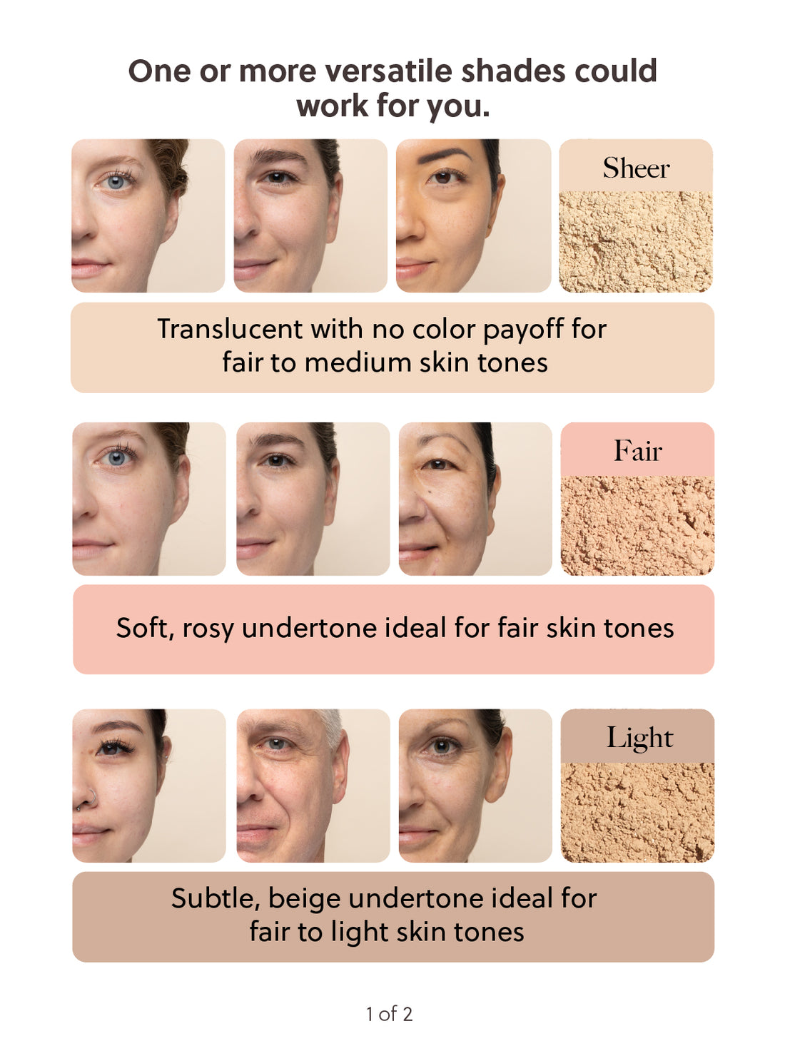 Product color swatches with skin tones and text indicating shade options. - okotoks hc pharmacy