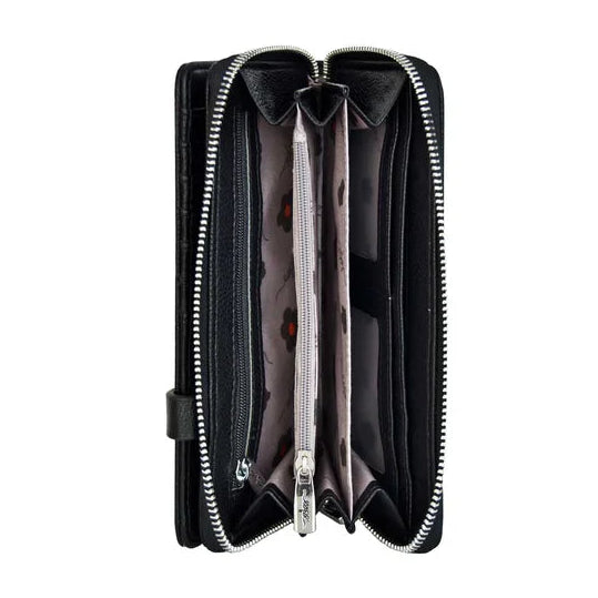 Black wallet with a zipper on a white background - okotoks hc pharmacy