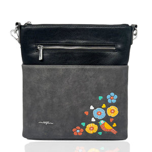 Black crossbody bag with floral embroidery on a white background - okotoks hc pharmacy