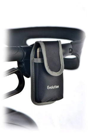 Black 'Evolution' pouch attached to a black headset on a white background - okotoks hc pharmacy