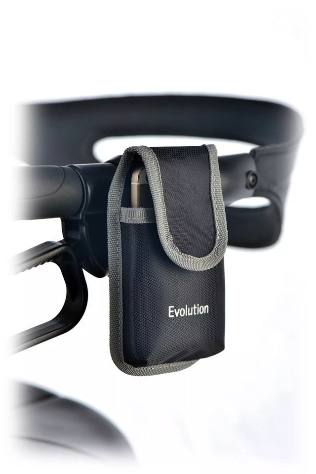 Black 'Evolution' pouch attached to a black headset on a white background - okotoks hc pharmacy
