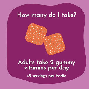 Gummy vitamins with text on a purple background - okotoks hc pharmacy