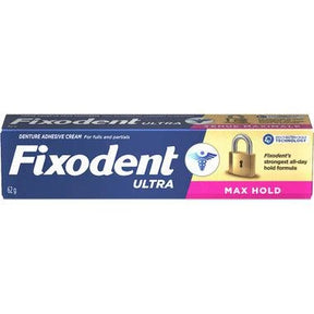 A box of Fixodent Ultra Denture Adhesive Cream in Max Hold scent, featuring a blue and pink design with a gold padlock graphic. - okotoks hc pharmacy