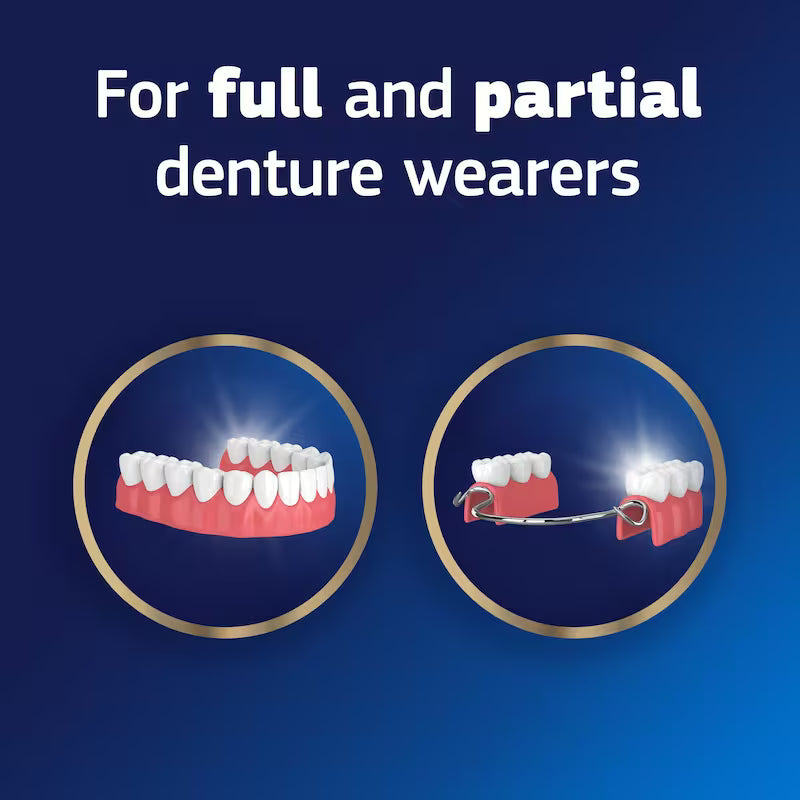 Advertisement for dentures on a blue background with text 'For full and partial denture wearers'. - okotoks hc pharmacy