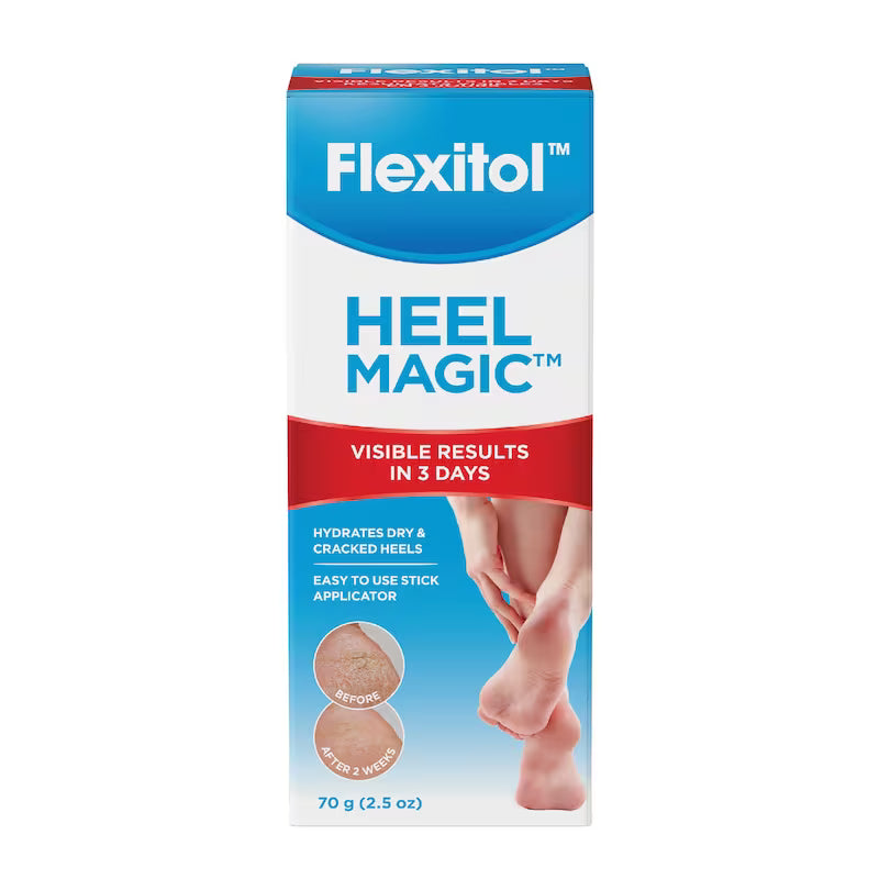 A box of Flexitol Heel Magic heel care cream on a plain white background. The packaging is white and blue with a red banner, featuring a graphic of a foot and heel, and text indicating visible results in 3 days. - okotoks hc pharmacy