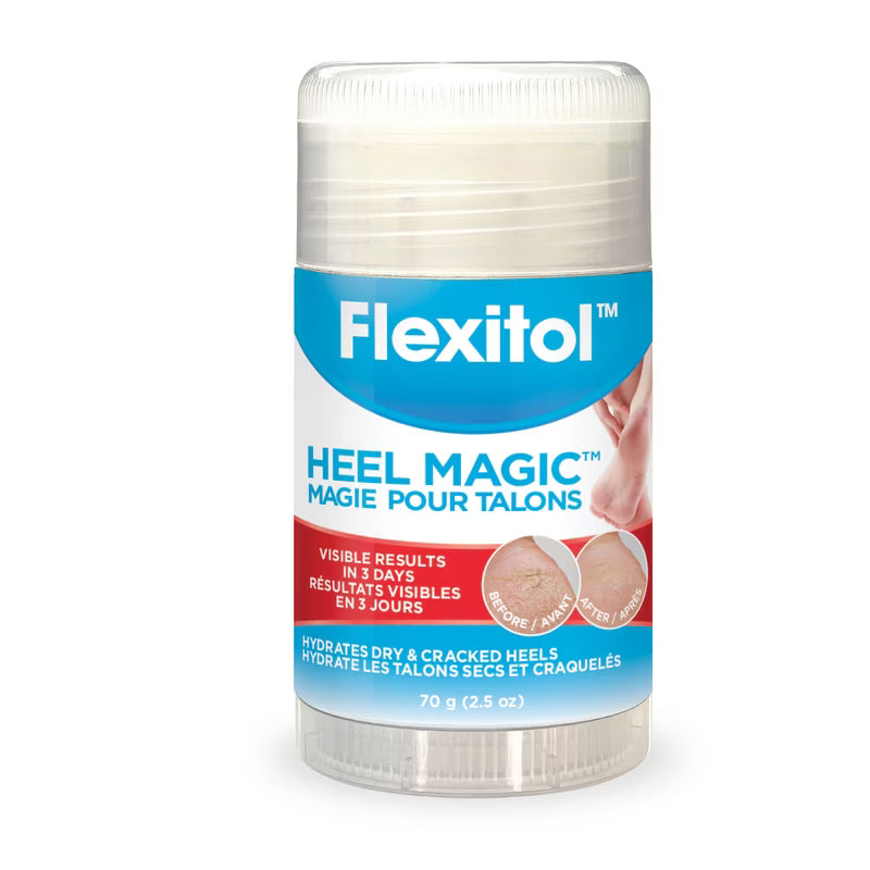 A single Flexitol Heel Magic heel care stick in a clear plastic container with a blue, white, and red label, shown on a plain white background. - okotoks hc pharmacy