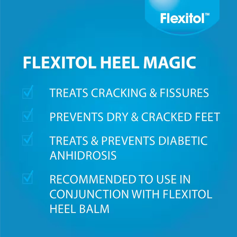 Blue promotional graphic for Flexitol Heel Magic with white text listing benefits such as treating cracking and fissures, preventing dry and cracked feet, treating diabetic anhidrosis, and recommending use in conjunction with Flexitol Heel Balm. - okotoks hc pharmacy