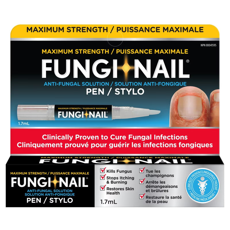 FungiNail anti-fungal solution pen packaging with text and images of a finger and nail. - okotoks hc pharmacy