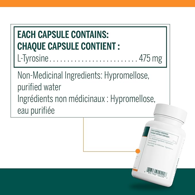 Supplement bottle with label detailing L-Tyrosine content and ingredients on a white background. - okotoks hc pharmacy