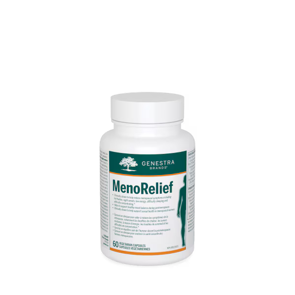 Bottle of Genestra MenoRelief on a white background - okotoks hc pharmacy