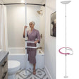 Woman in a bathroom using a grab bar for support, with a close-up of the grab bar on the right. - okotoks hc pharmacy