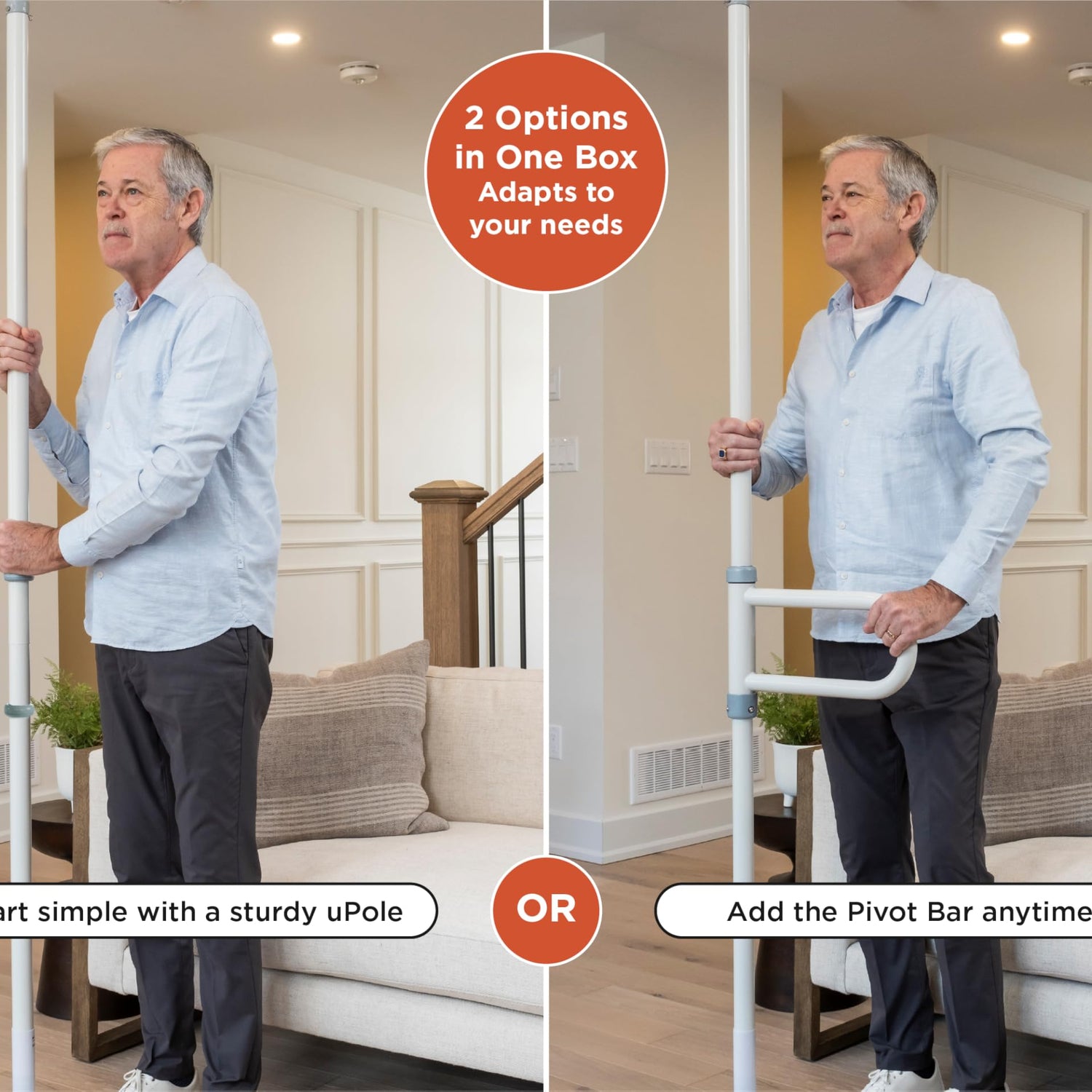Man using a walking aid with text indicating two options for adaptability. - okotoks hc pharmacy