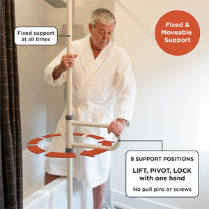 Man using a shower support ladder with text highlighting features - okotoks hc pharmacy