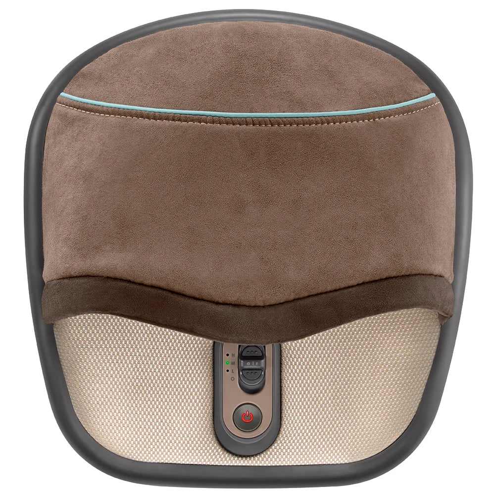 Brown massage HoMedics Air Compression + Shiatsu Foot Massager with Heat with a suede-like top section, a beige mesh lower section, and a central control panel with buttons.- okotoks hc pharmacy