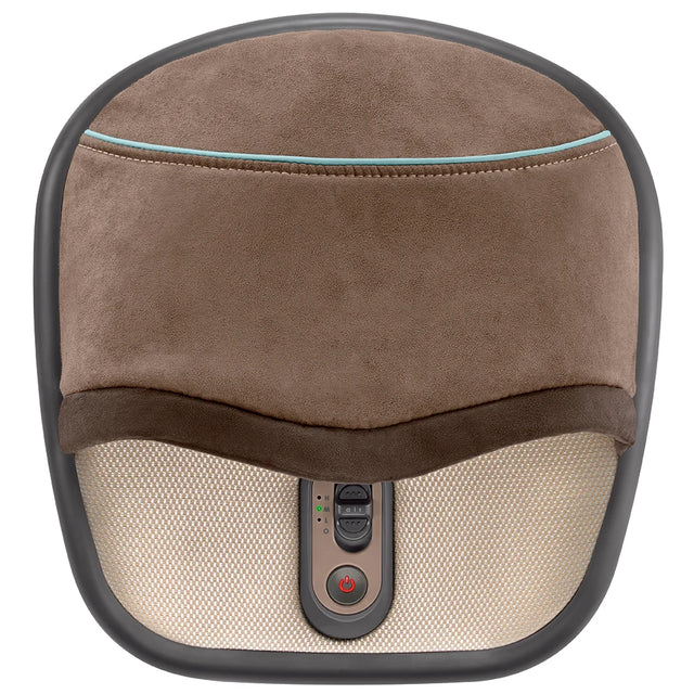 Brown massage HoMedics Air Compression + Shiatsu Foot Massager with Heat with a suede-like top section, a beige mesh lower section, and a central control panel with buttons.- okotoks hc pharmacy