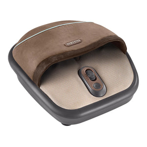 A foot massage spa pad with a brown suede-like exterior, a beige textured interior, and a dark gray control panel, shown on a plain white background. - okotoks hc pharmacy