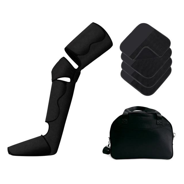 Black neoprene orthopedic leg support brace shown with four matching black foam inserts and a black carrying bag on a plain white background. - okotoks hc pharmacy