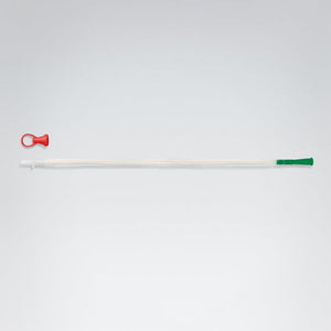 Long white catheter with red and green ends on a light gray background - okotoks hc pharmacy