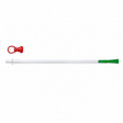 A long clear catheter with a green cap, shown horizontally on a white background, with a small red ring-shaped accessory above it. - okotoks hc pharmacy