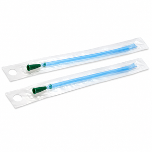 Two packaged blue flexible catheter tubes with green connectors, sealed in clear plastic retail packaging on a white background. - okotoks hc pharmacy