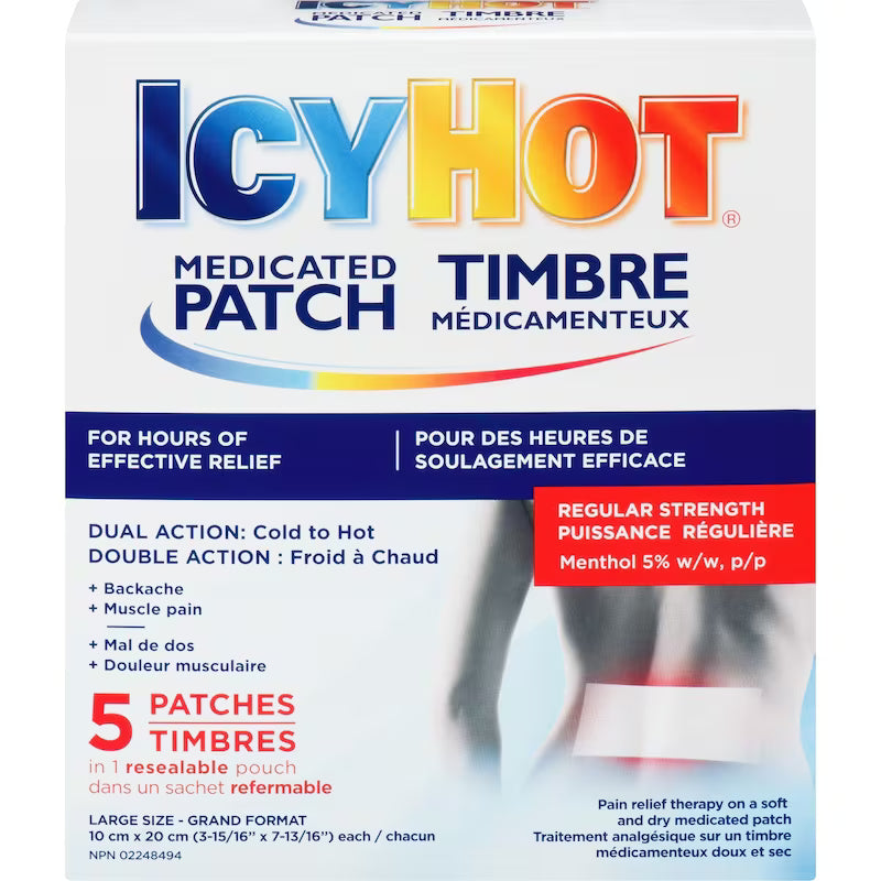 Icy Hot medicated patch packaging with text and branding. - okotoks hc pharmacy